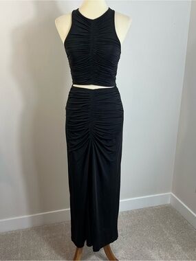 House Of Harlow Black 2 Pc Ruched Body Skimming Crop Top Maxi Skirt Outfit XS